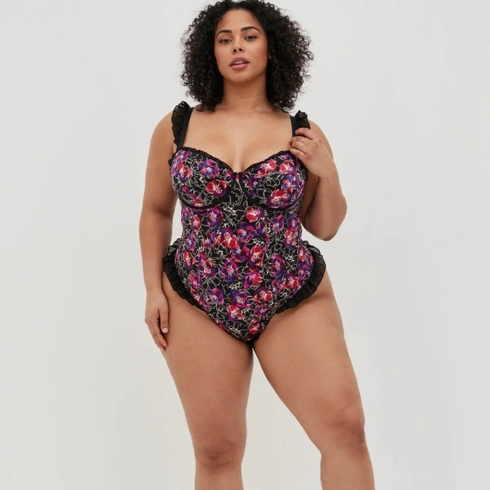 Torrid Satin Floral Ruffle Thong Bodysuit